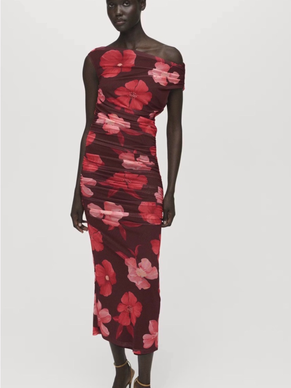 Mango Mesh Sheath Midi Dress with Red & Pink Floral